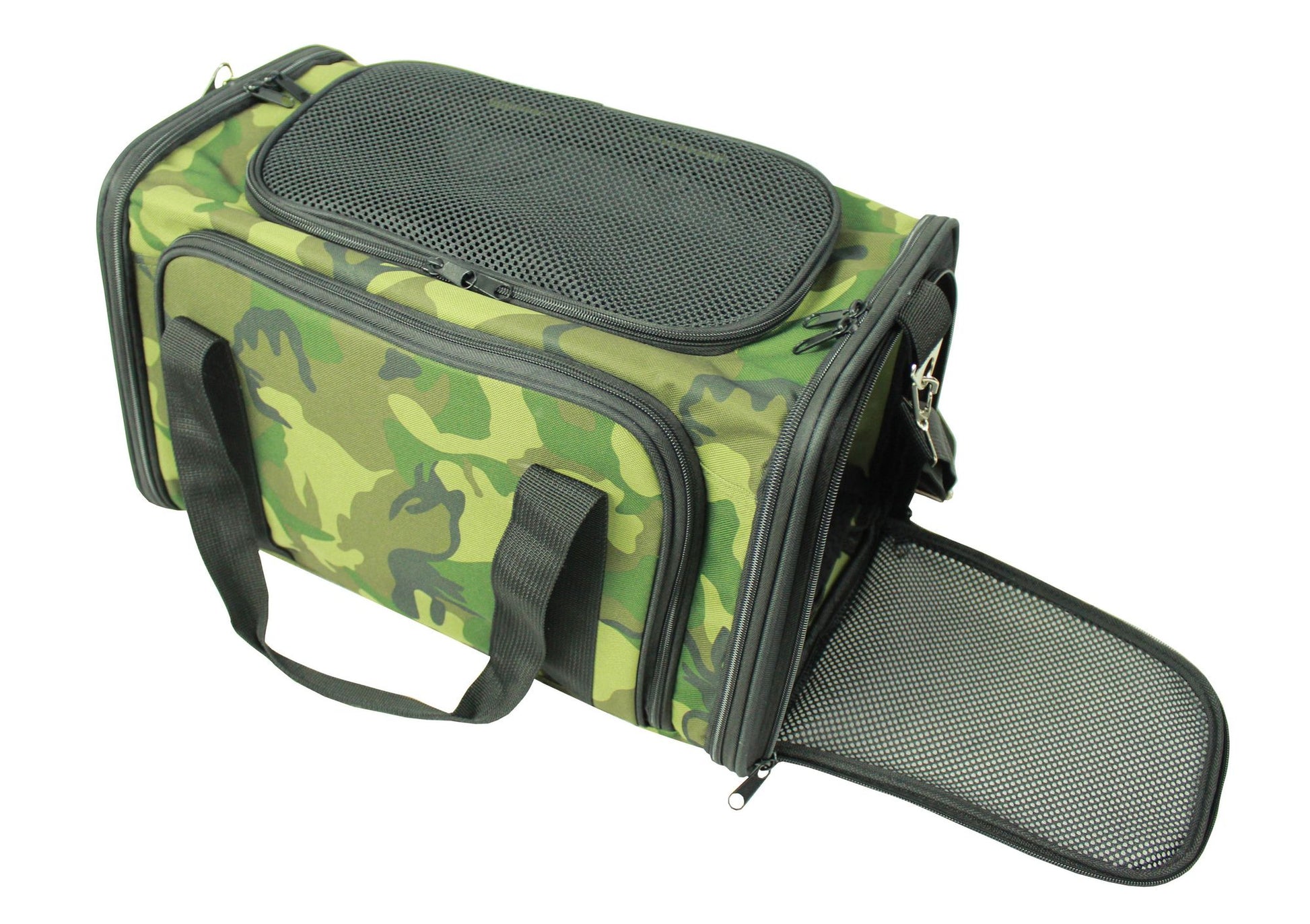 Camouflage airline approved pet carrier with mesh ventilation panels and black handles