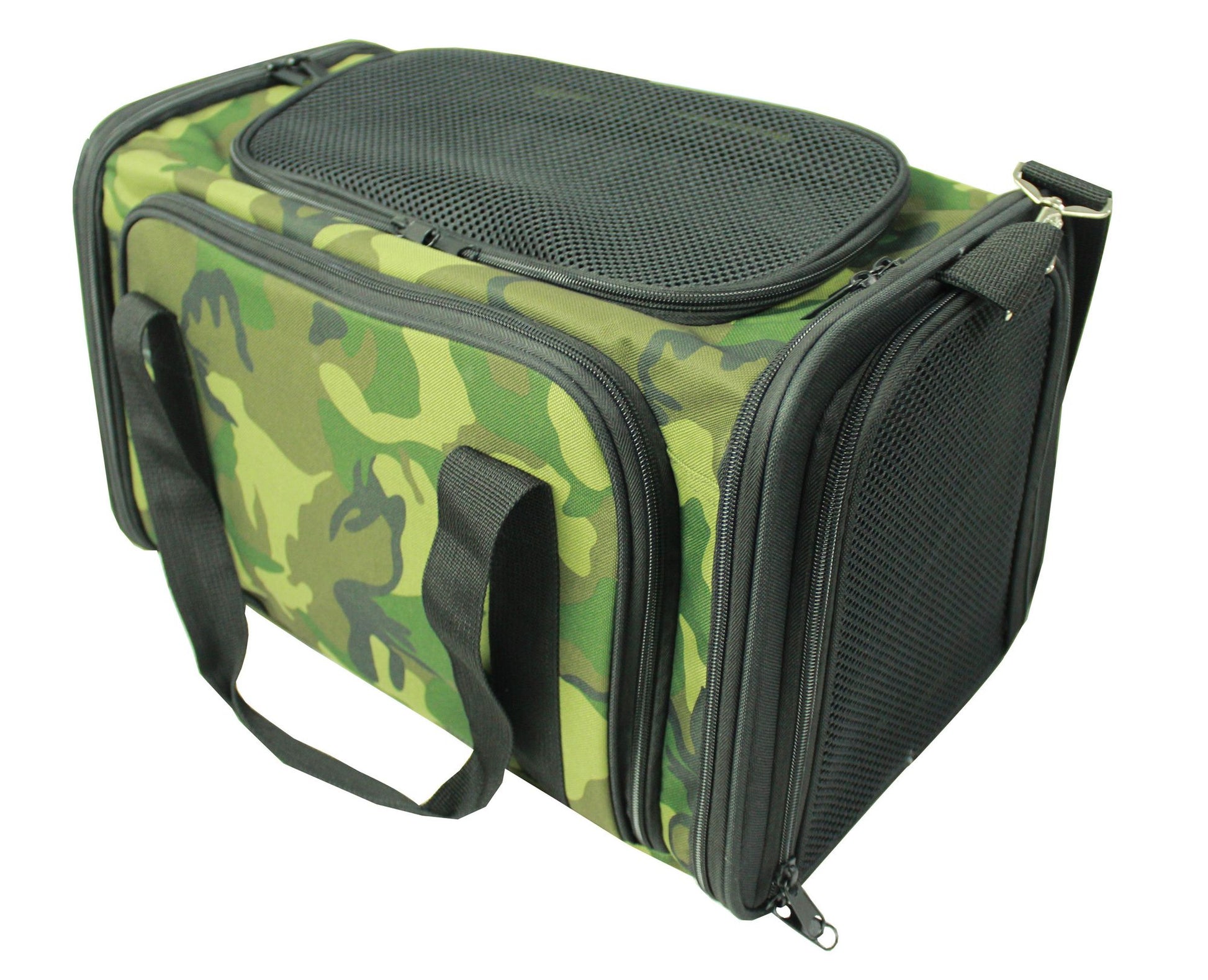 Camouflage airline approved pet carrier with mesh ventilation and black adjustable straps