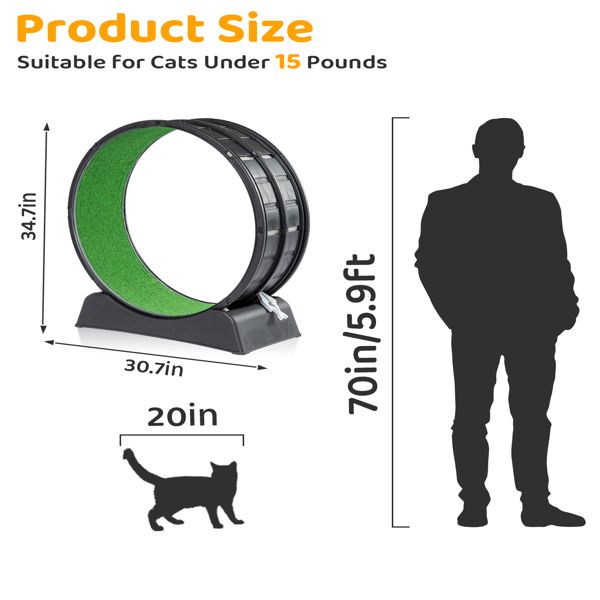 PawCounter.com cat exercise wheel indoor with green running surface, suitable for cats under 15 pounds