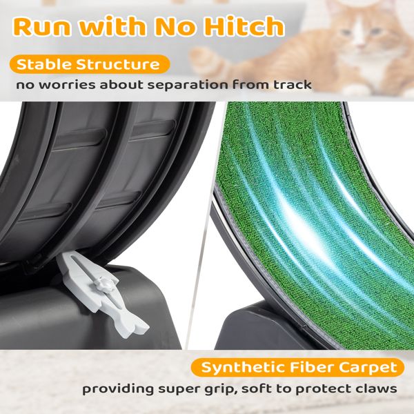 Close-up of cat exercise wheel indoor by PawCounter featuring stable structure and synthetic fiber carpet for claw protection