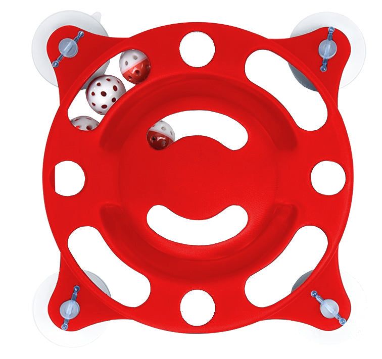 Red cat suction cup toy with attached suction cups and balls for interactive pet play