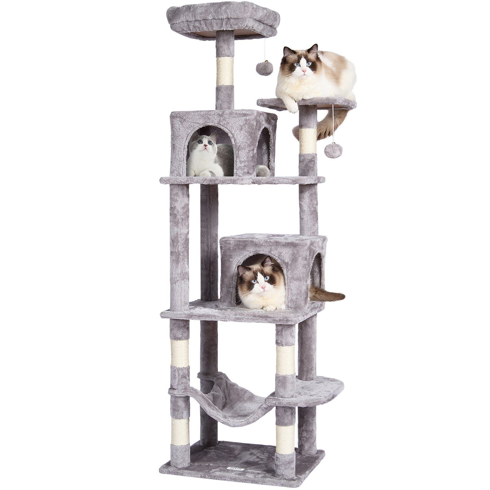 Large gray cat tree with condos and scratching posts for multiple cats to play and relax