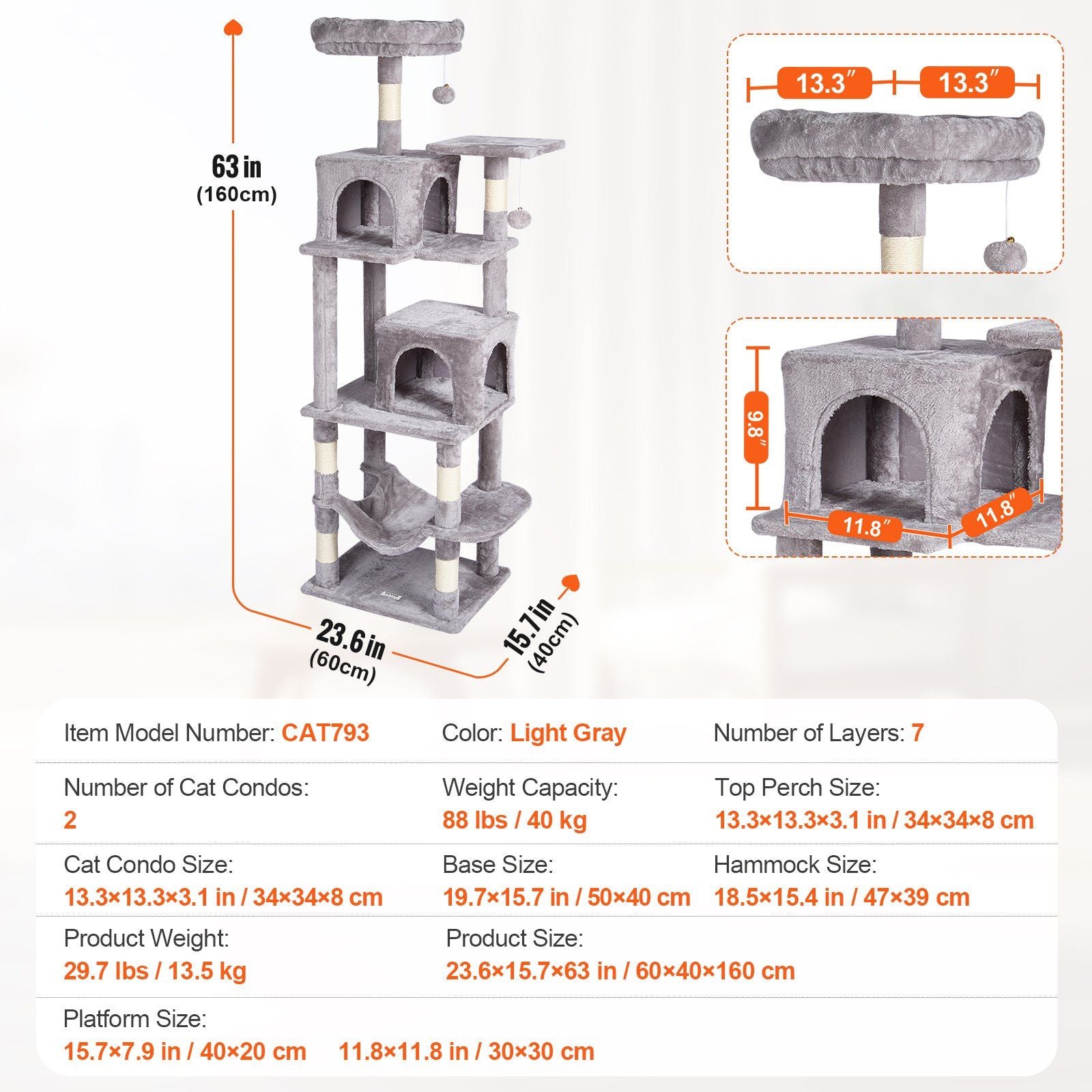 Light Gray cat tree with condos and scratching posts featuring multiple levels for playful cats