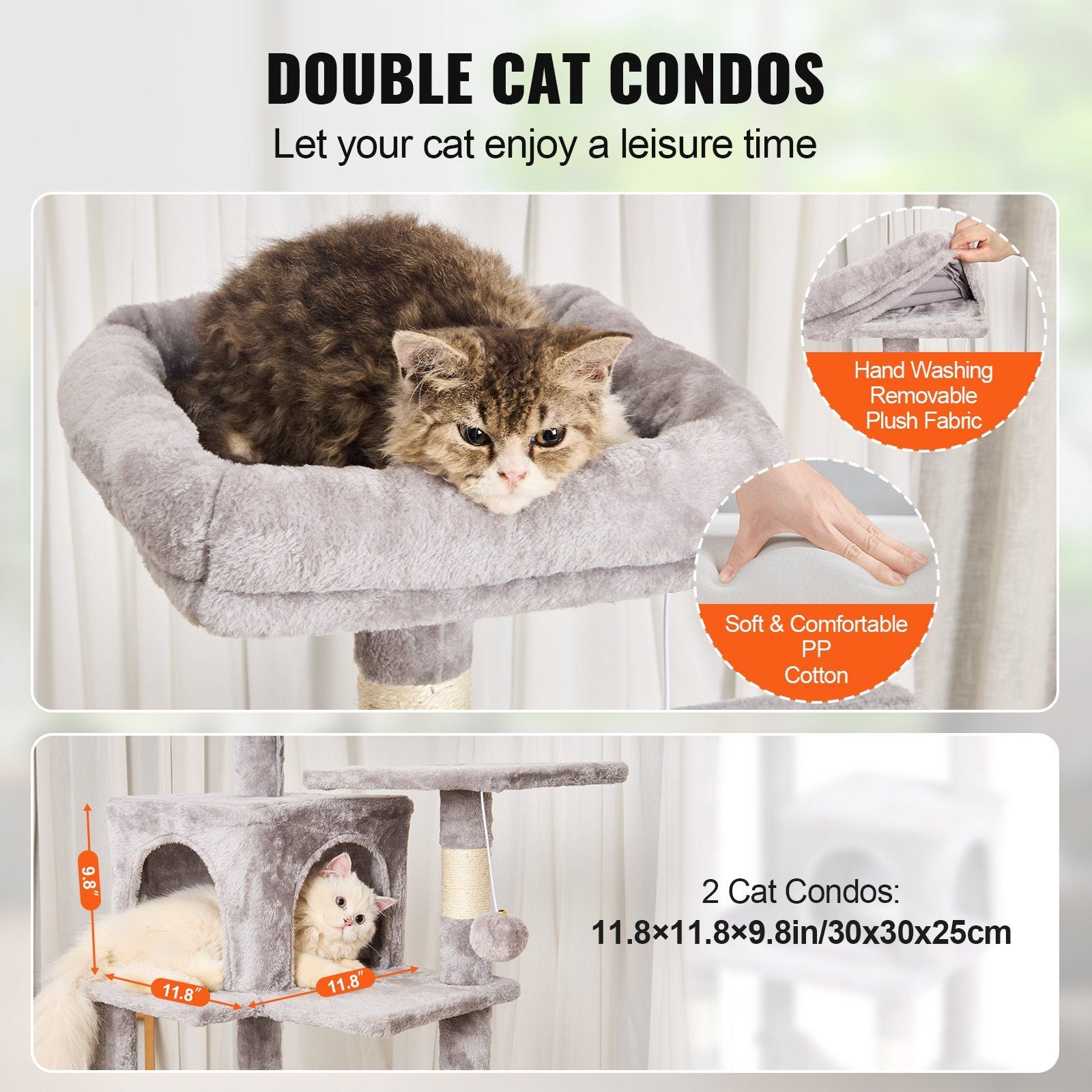 Double cat tree with condos and scratching posts providing cozy spaces for cats to relax and play