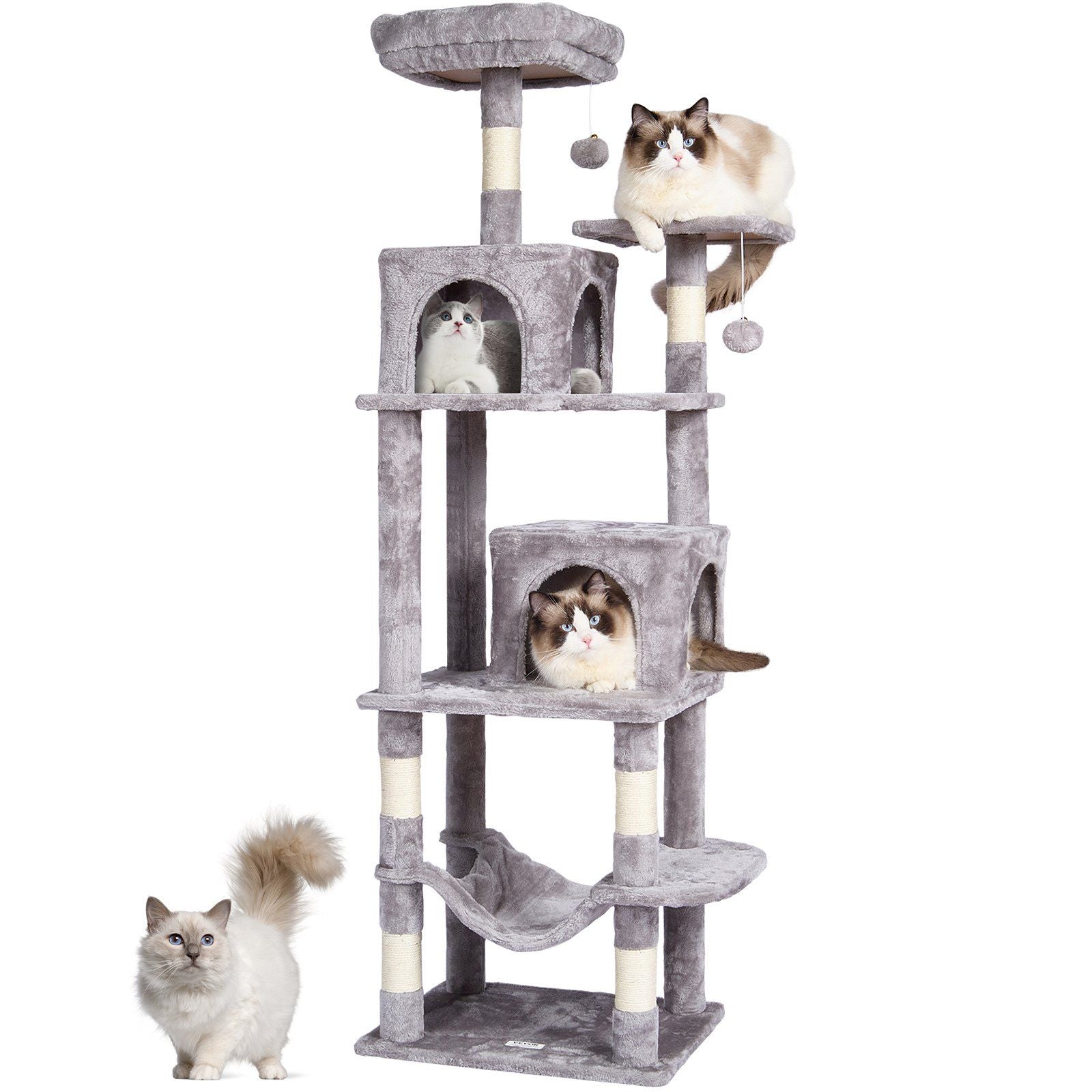 Gray cat tree with condos and scratching posts featuring multiple levels and playful cats