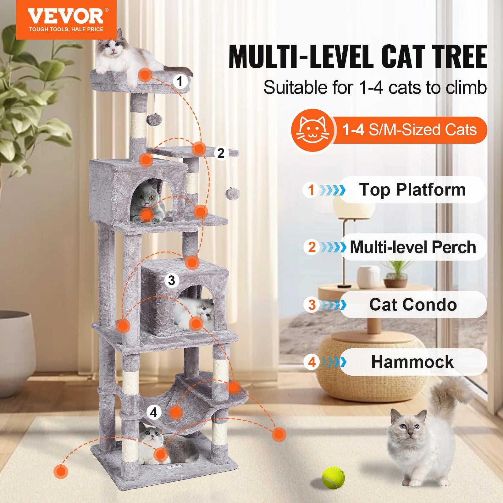 Multi-level cat tree with condos and scratching posts suitable for 1-4 cats to climb and play
