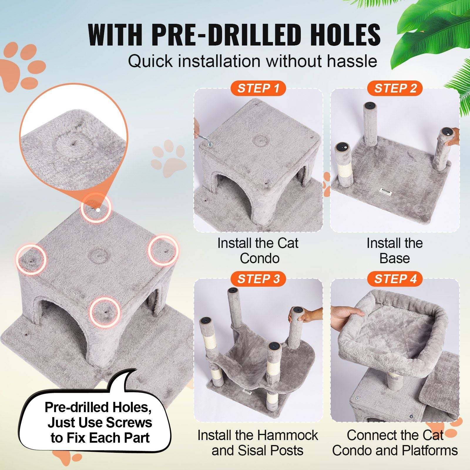 Cat tree with condos and scratching posts featuring pre-drilled holes for easy installation process