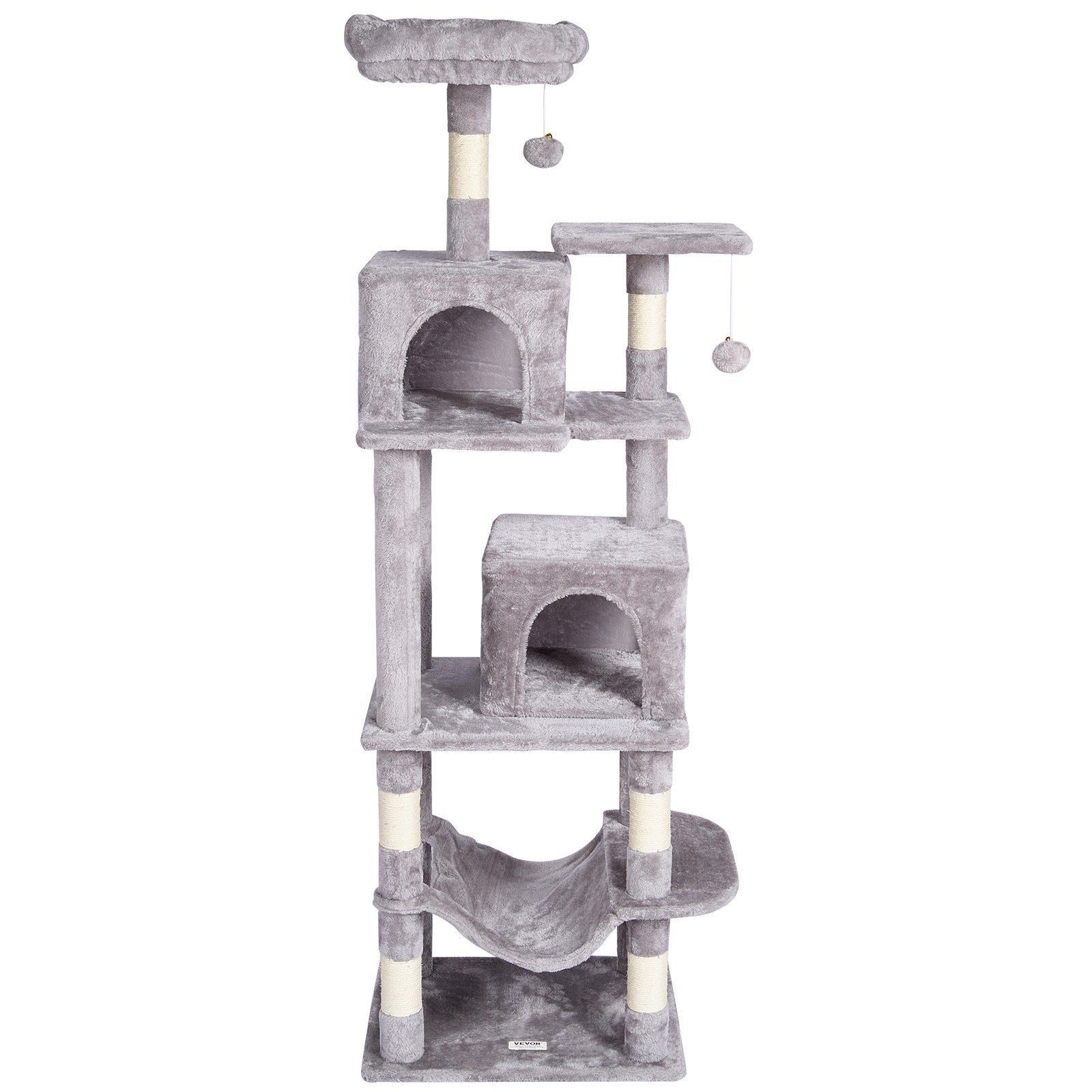Gray cat tree with condos and scratching posts for playful cats and kittens