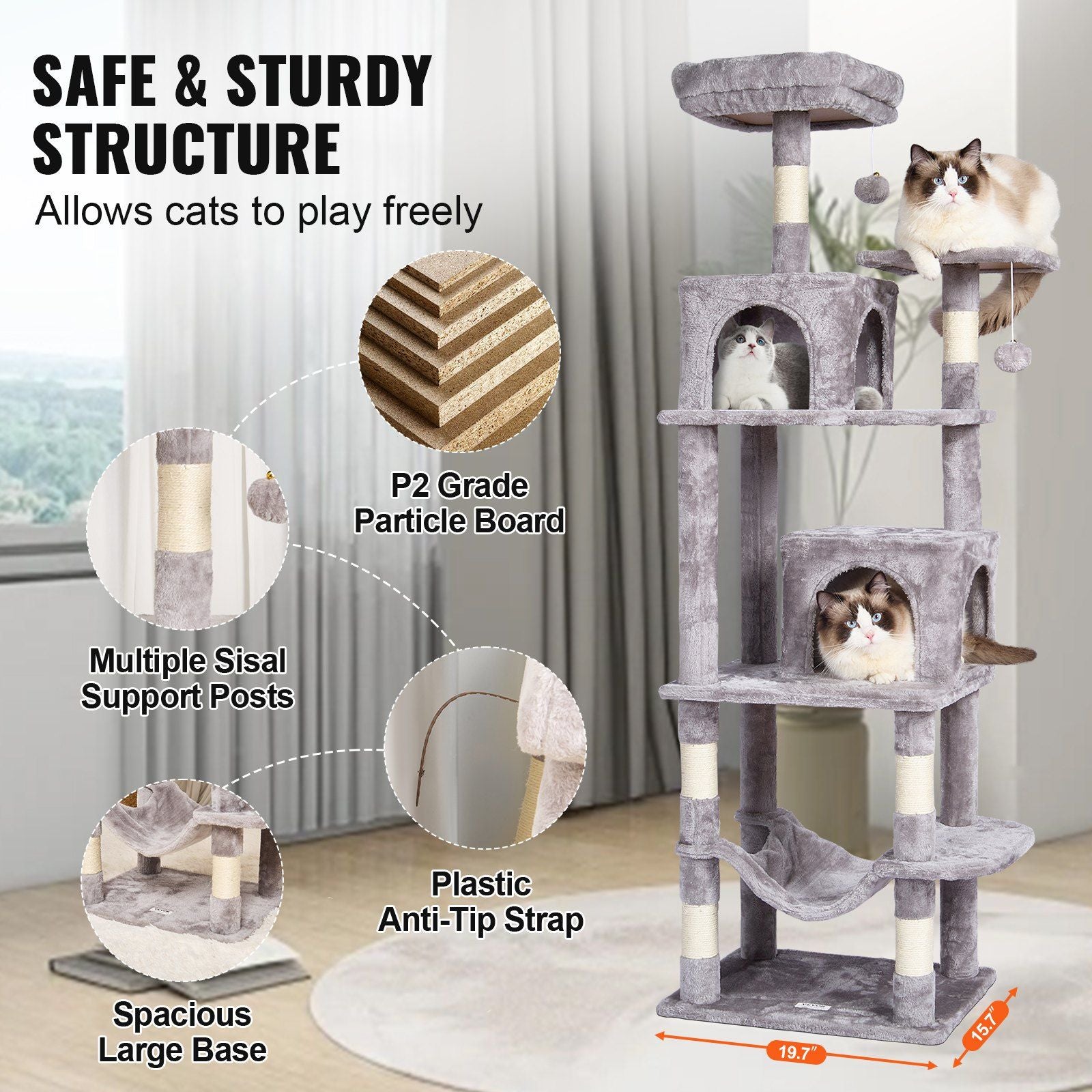 Cat tree with condos and scratching posts featuring sturdy structure and spacious design for playful cats