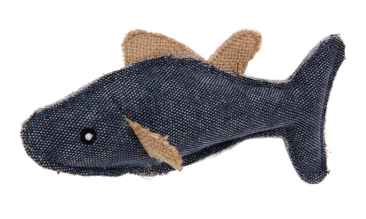 PawCounter.com durable catnip fish toy for cats made from dark blue textured fabric with beige fins