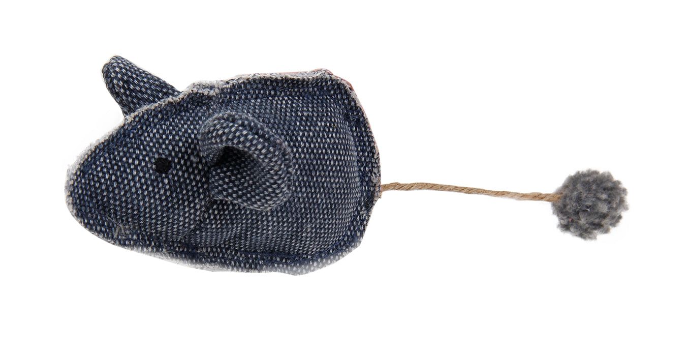 Blue fabric catnip mouse toy for cats with a rope tail and pom-pom end from PawCounter.com