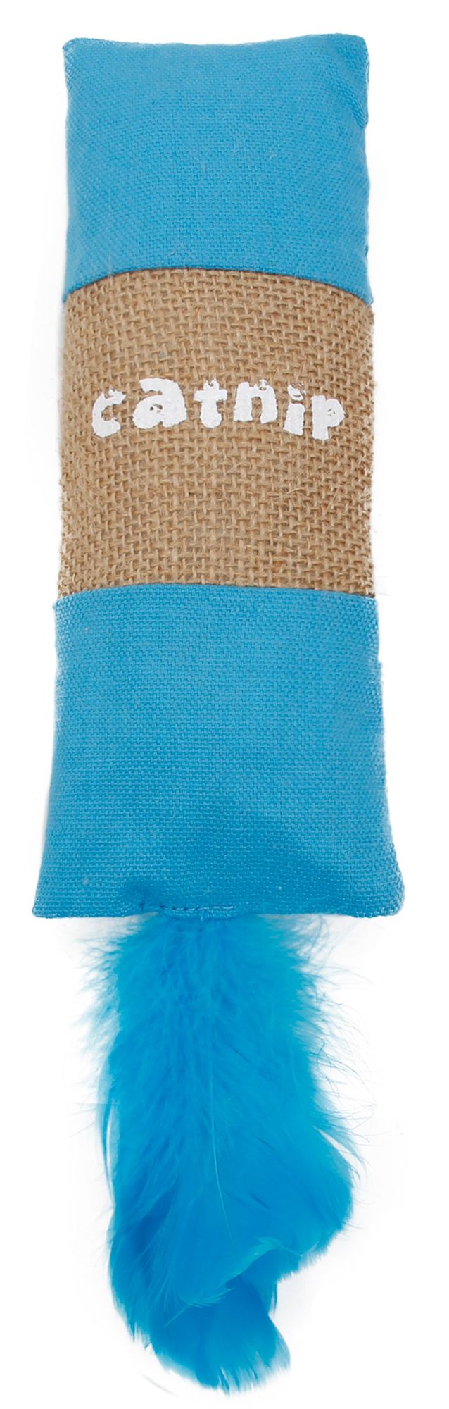 Blue catnip plush toy for cats with burlap center and fluffy feather tail