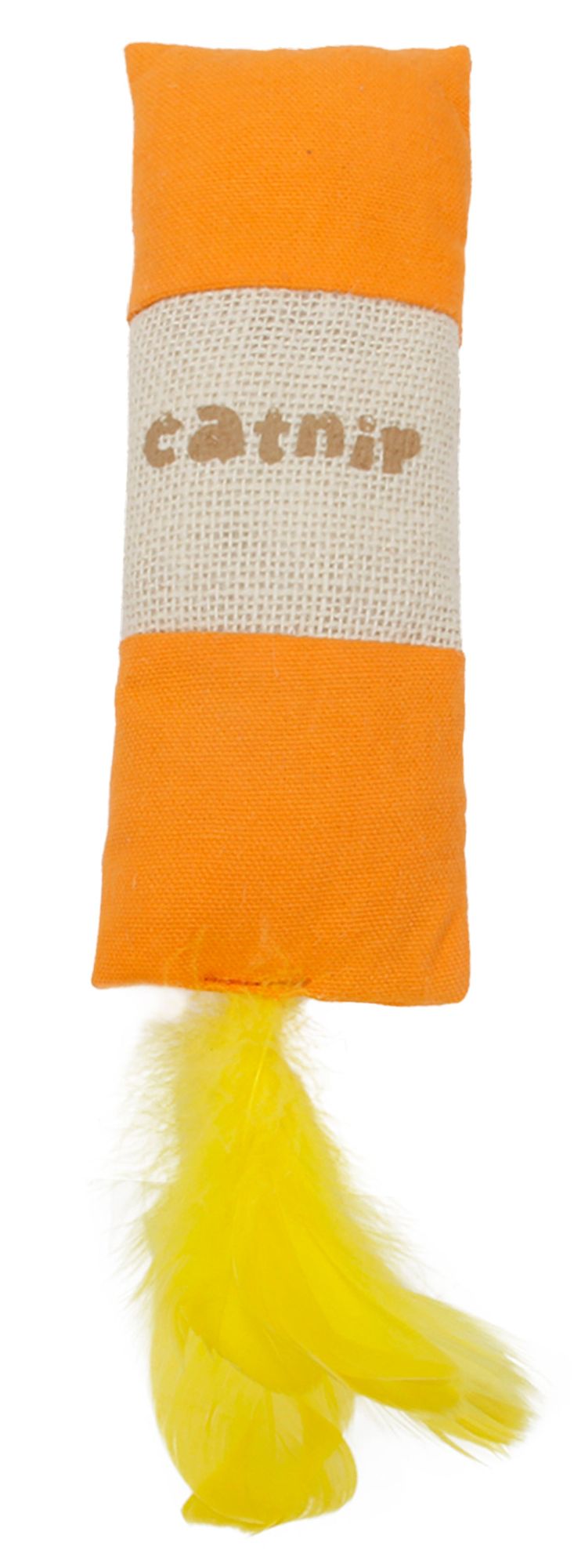 Orange catnip plush toy for cats with beige middle section and yellow feather tail