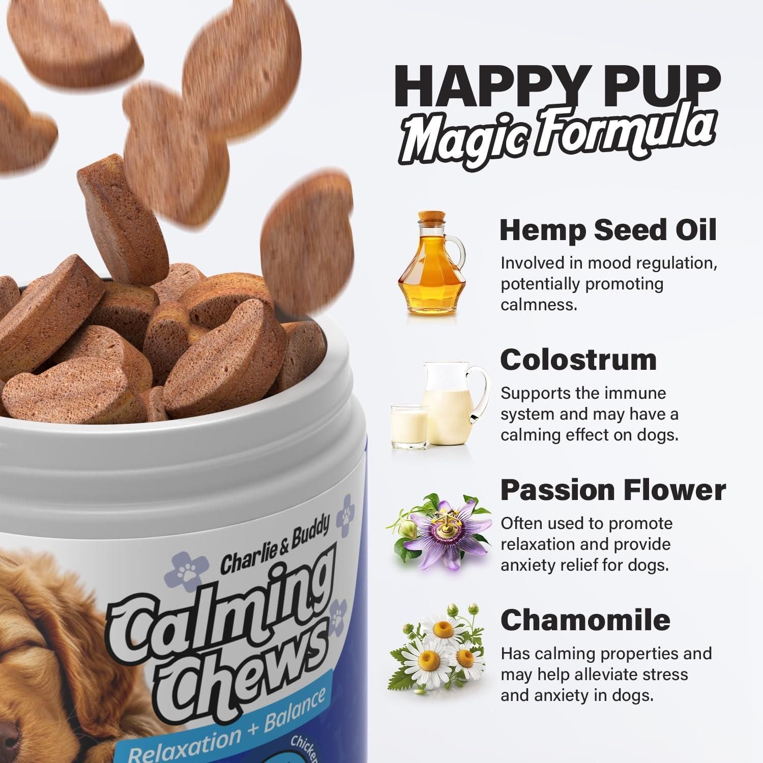 Dog calming chews with melatonin by PawCounter.com featuring hemp seed oil colostrum passion flower and chamomile