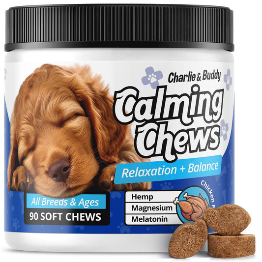 Charlie and Buddy dog calming chews with melatonin for relaxation and balance in all breeds and ages