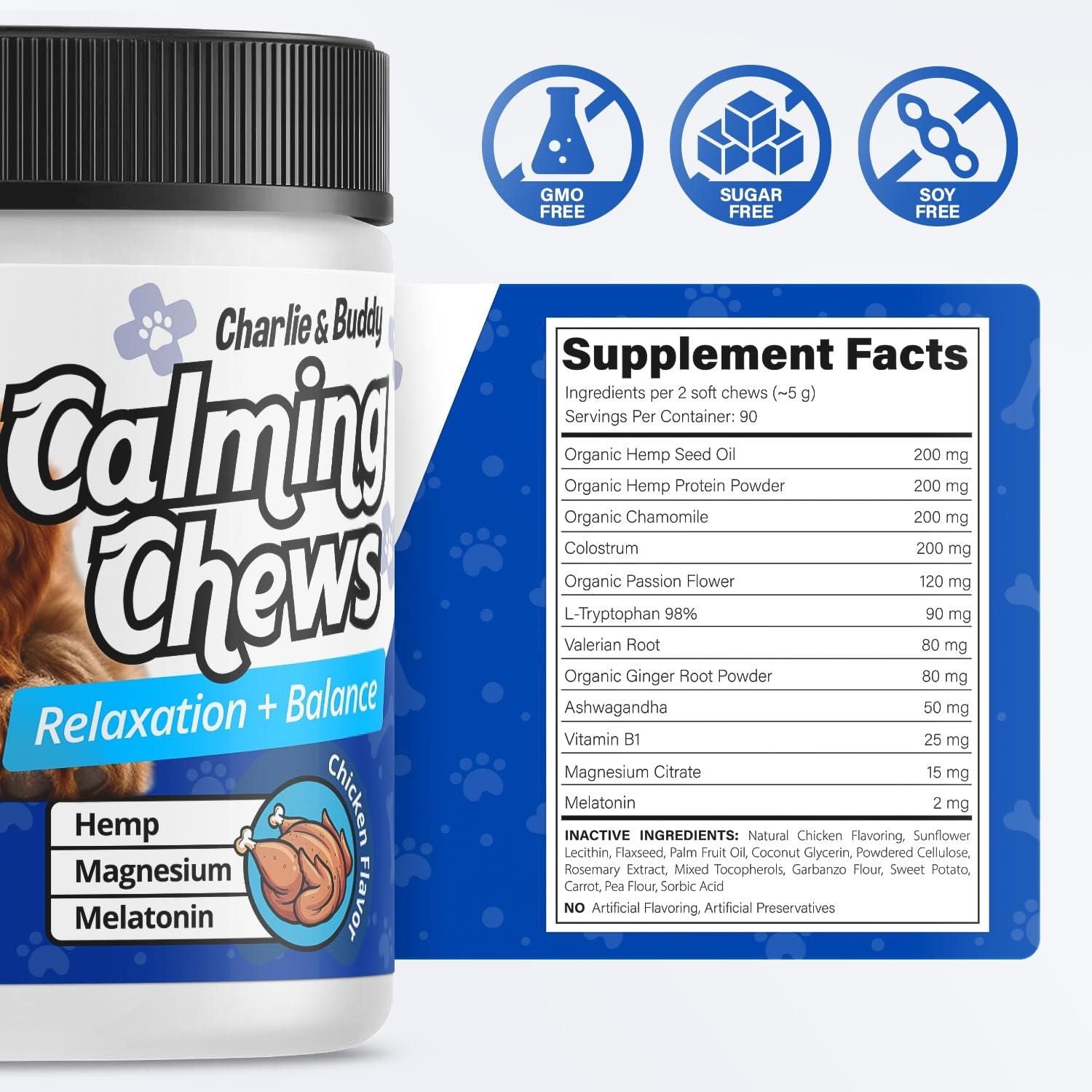 Charlie & Buddy dog calming chews with melatonin for relaxation and balance by PawCounter.com