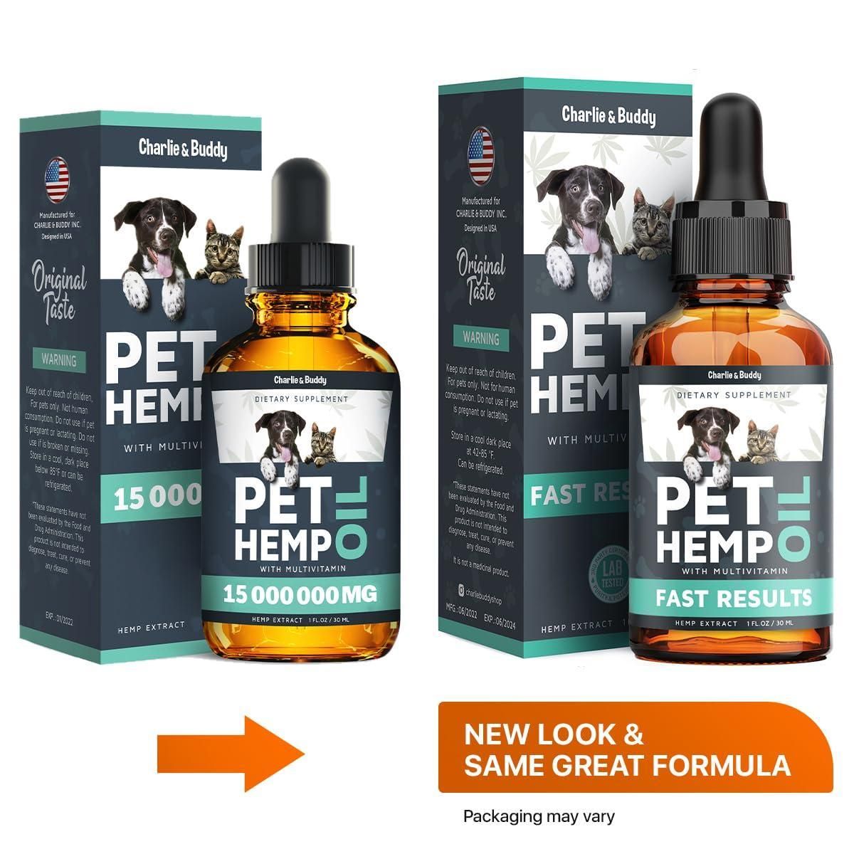 Charlie and Buddy pet hemp oil for dogs and cats with multivitamin in 15000000mg and fast results formulas