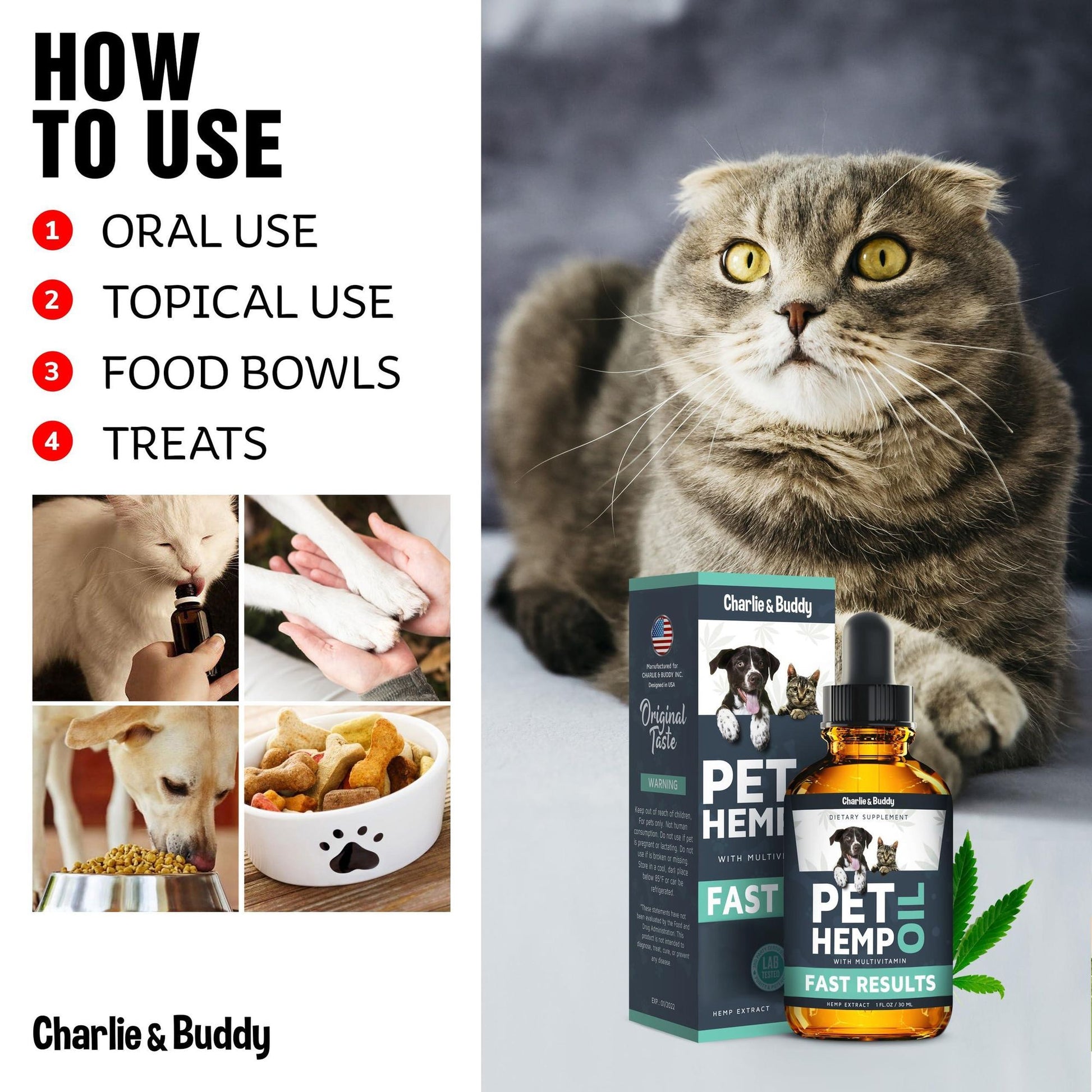 Charlie and Buddy pet hemp oil for dogs and cats with usage instructions and a grey cat in background