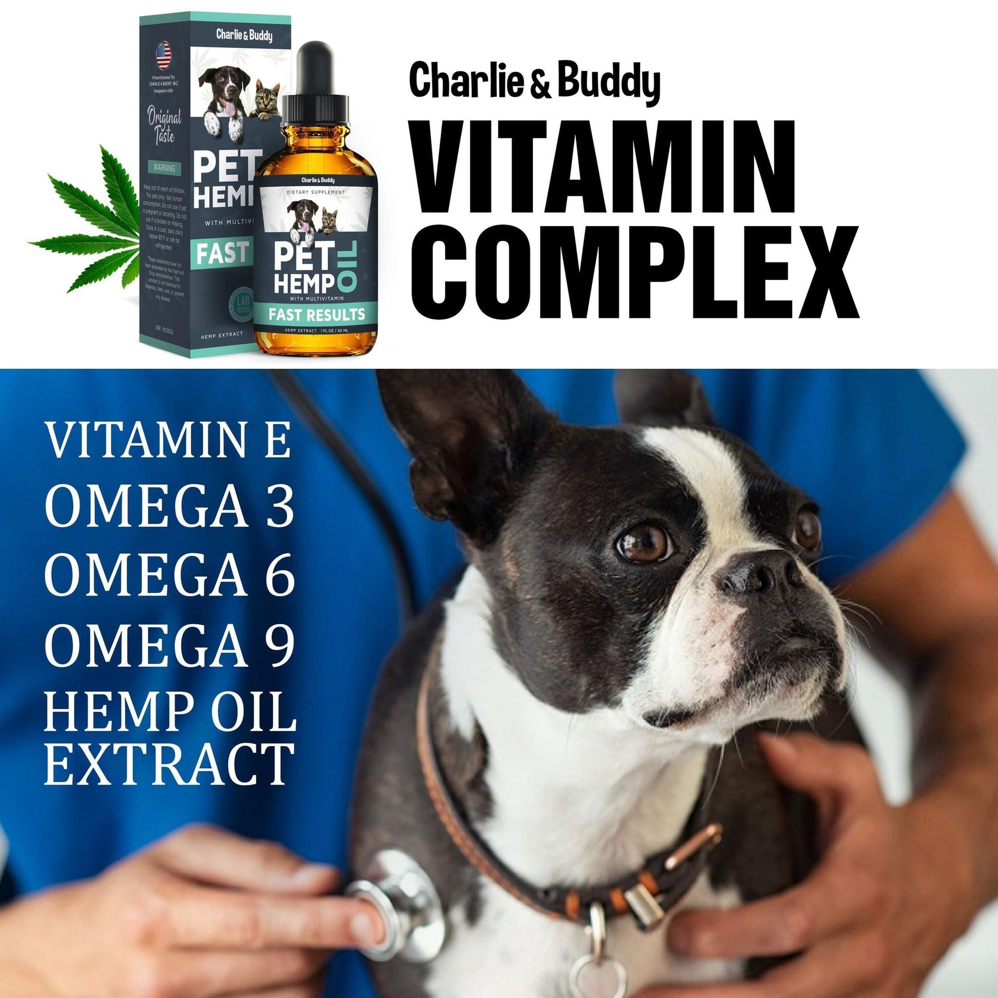 Charlie and Buddy vitamin complex pet hemp oil for dogs and cats with omega 3 6 9 and vitamin E