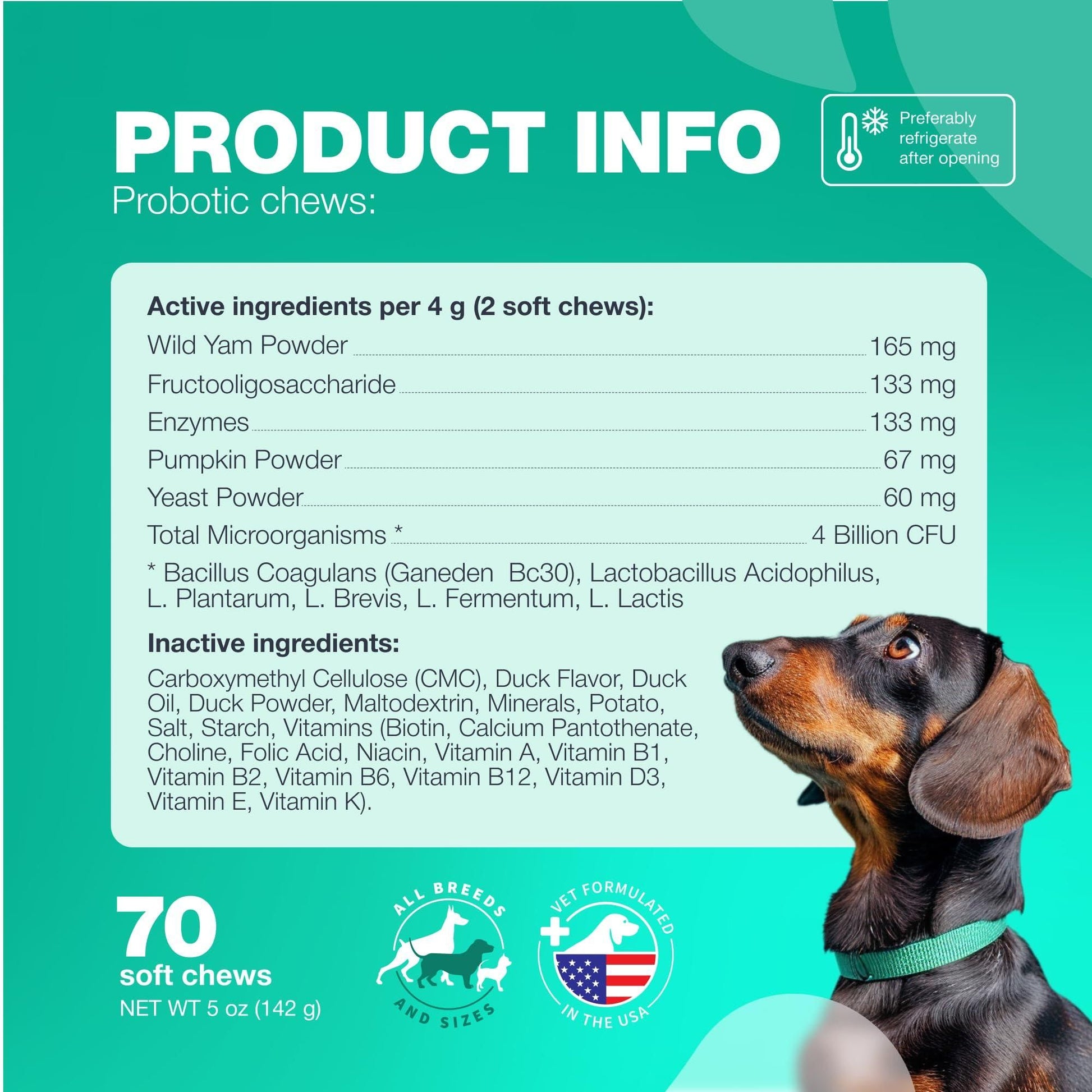 PawCounter.com dog probiotics chews product info with active ingredients and a brown dog looking up