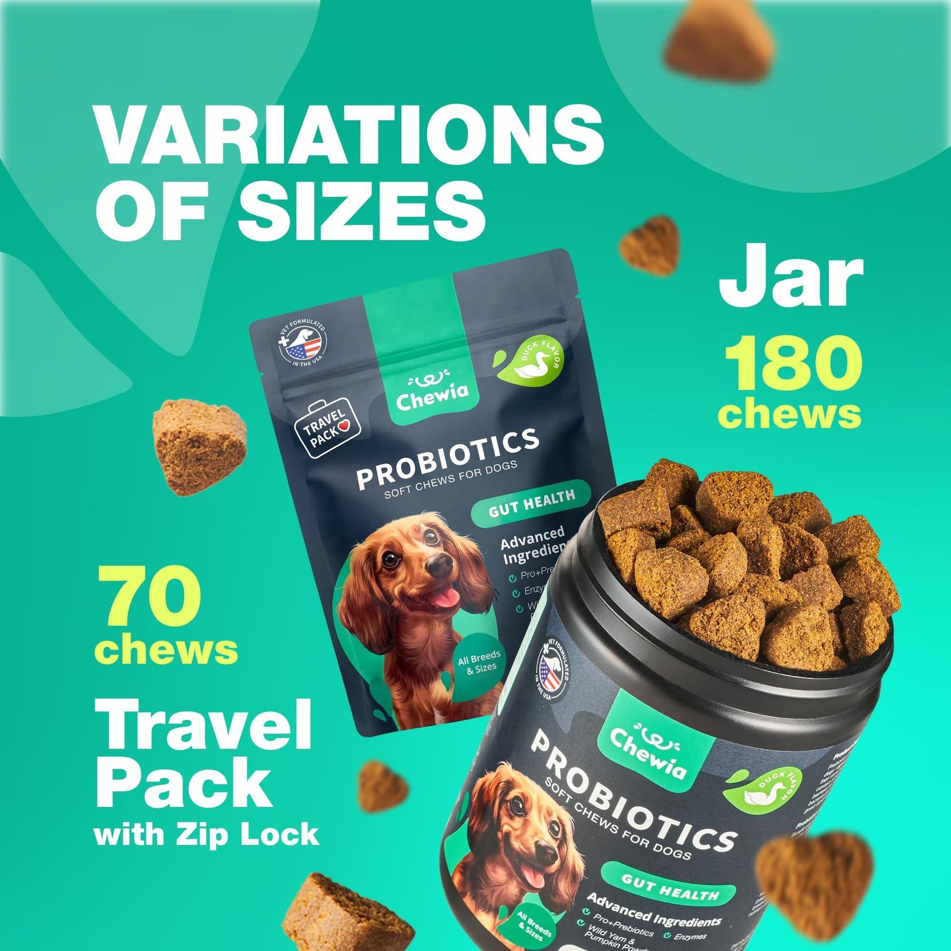 Dog probiotics chews in travel pack with 70 chews and jar with 180 chews for gut health