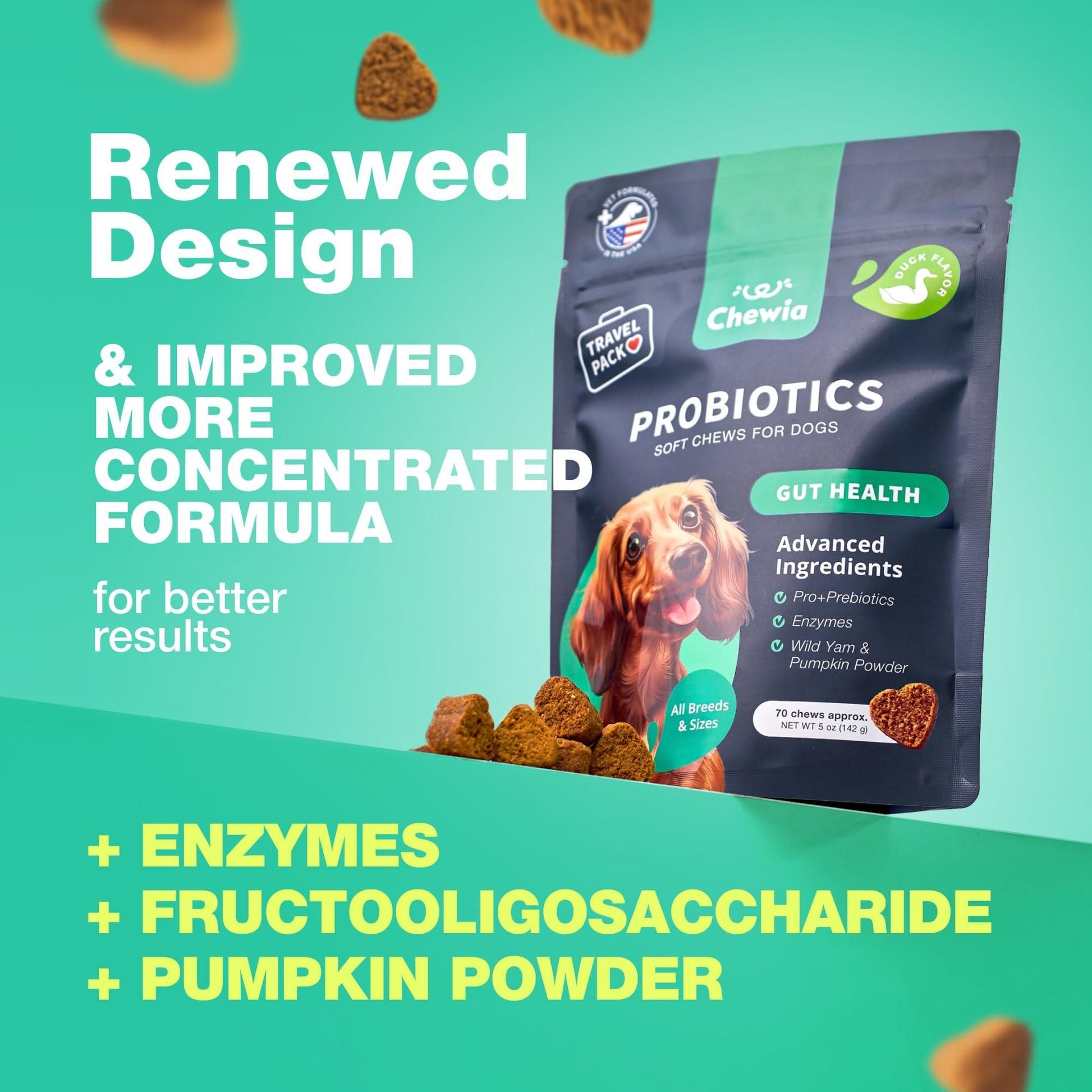 Chewia dog probiotics chews package with enzymes and pumpkin powder for gut health and advanced ingredients