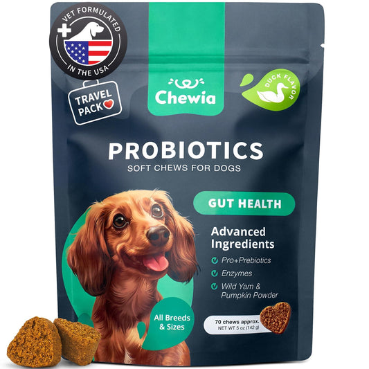 Chewia dog probiotics chews soft chews for dogs with gut health support and duck flavor