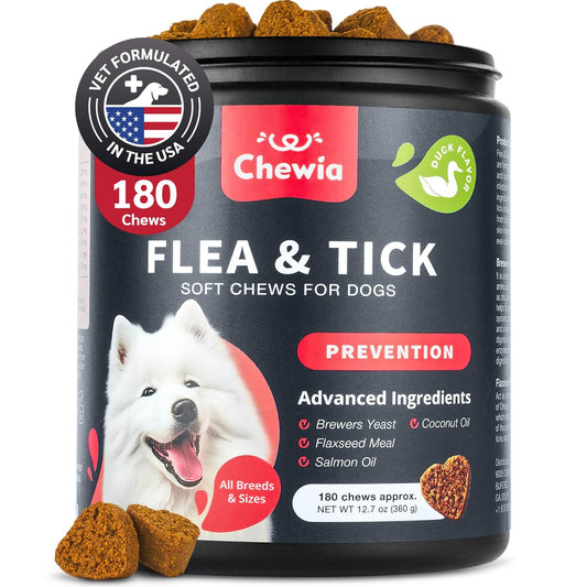 Chewia natural flea and tick chews for dogs with advanced ingredients in duck flavor container