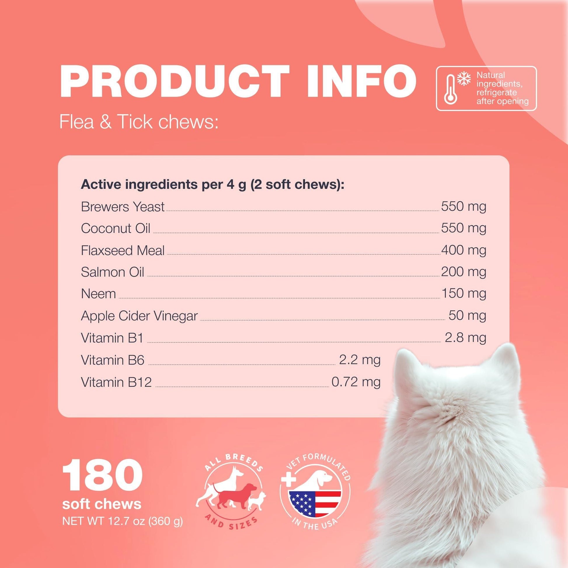 Natural flea and tick chews for dogs product info showing active ingredients including brewers yeast and coconut oil with a dog silhouette