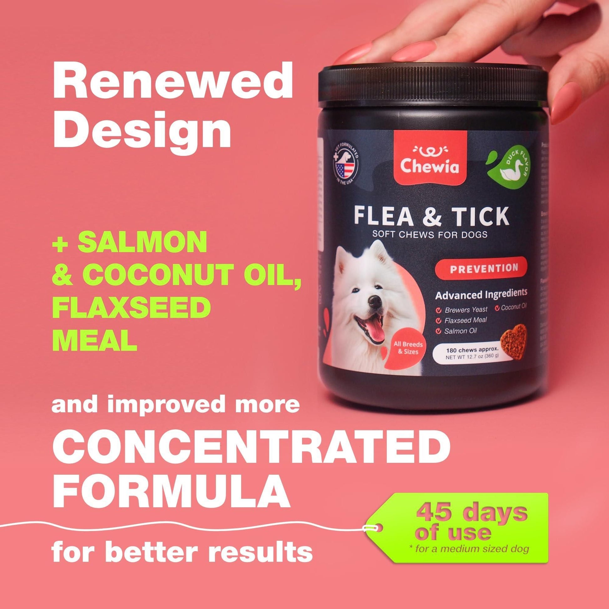 Chewia natural flea and tick chews for dogs in a black container with salmon and coconut oil formula