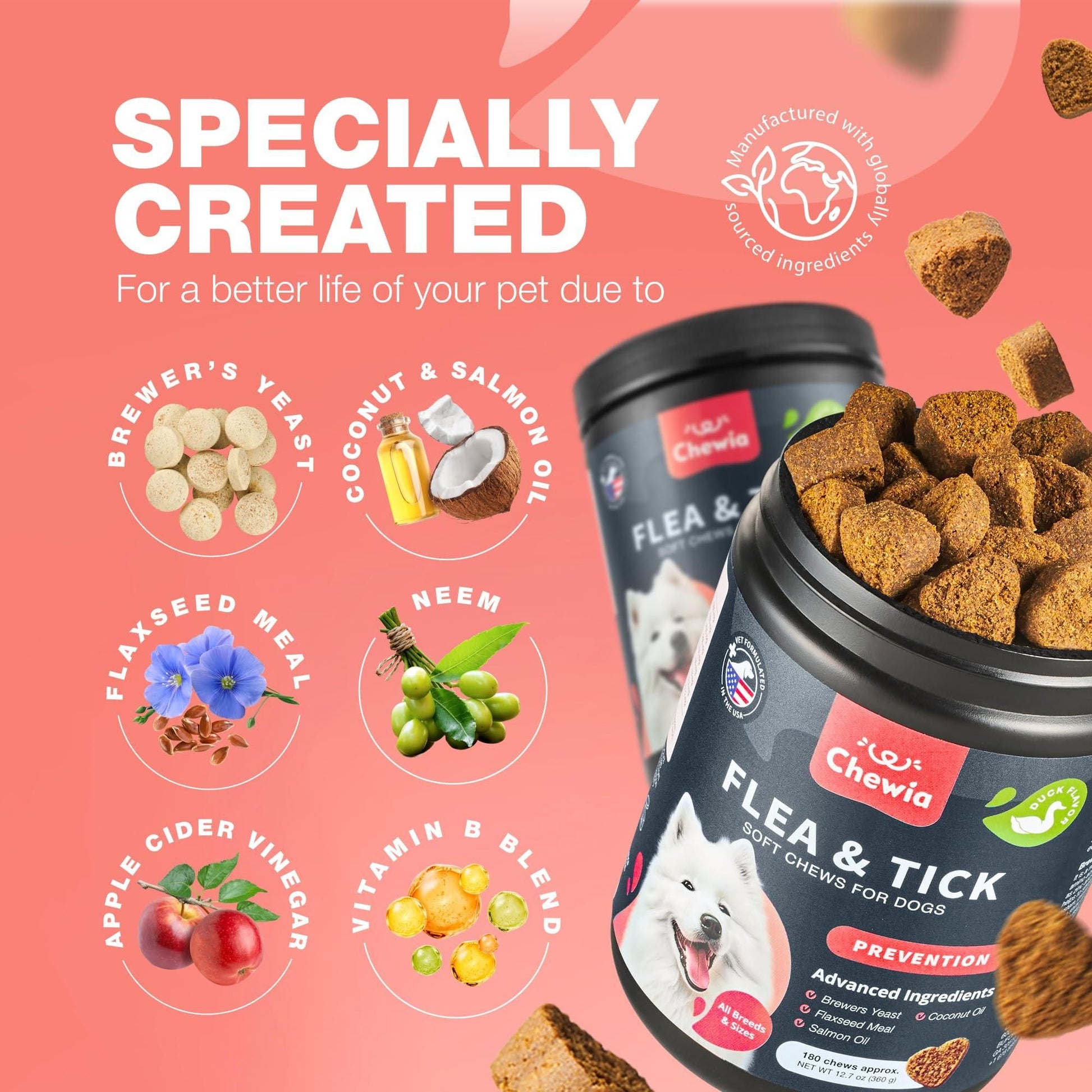 Natural flea and tick chews for dogs by PawCounter.com in a black container with key ingredients shown