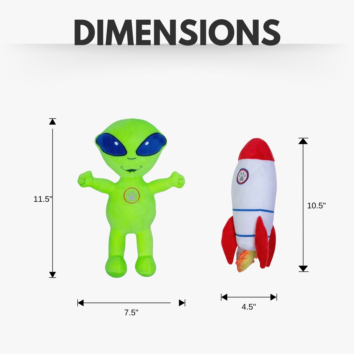 Alien plush dog toy set with green alien and white rocket measuring dimensions for American Pet Supplies