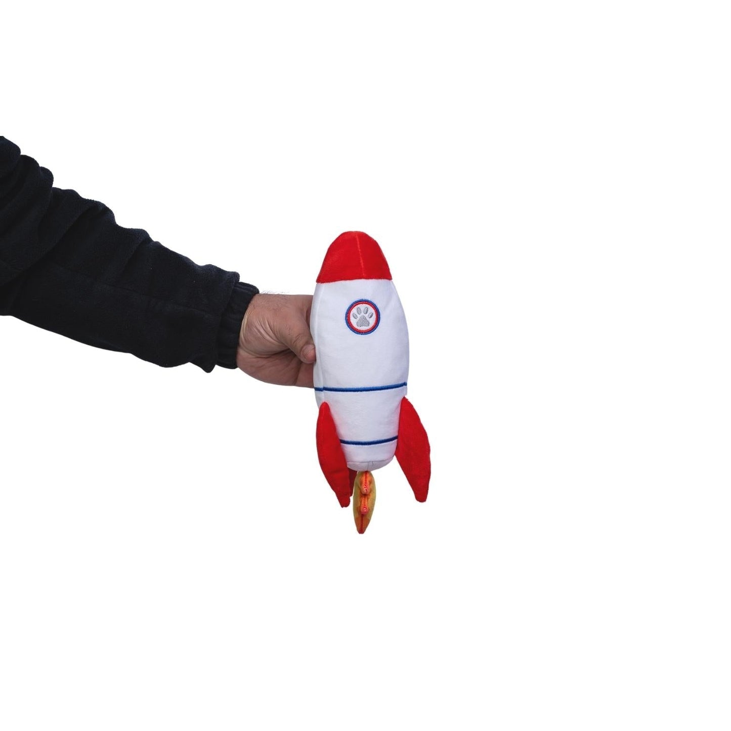 American Pet Supplies alien plush dog toy set red and white rocket chew toy held in hand
