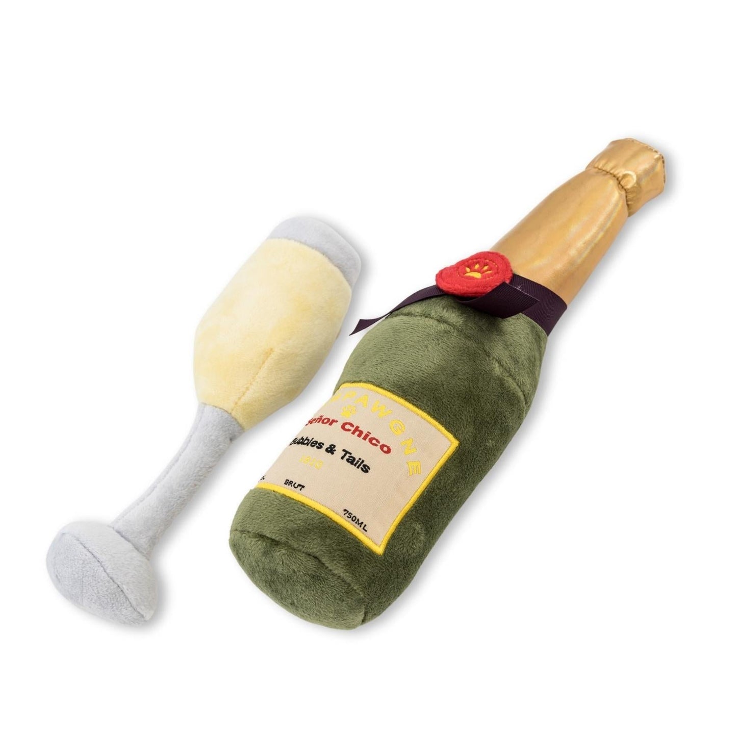 American Pet Supplies champagne dog toy set with plush champagne bottle and glass