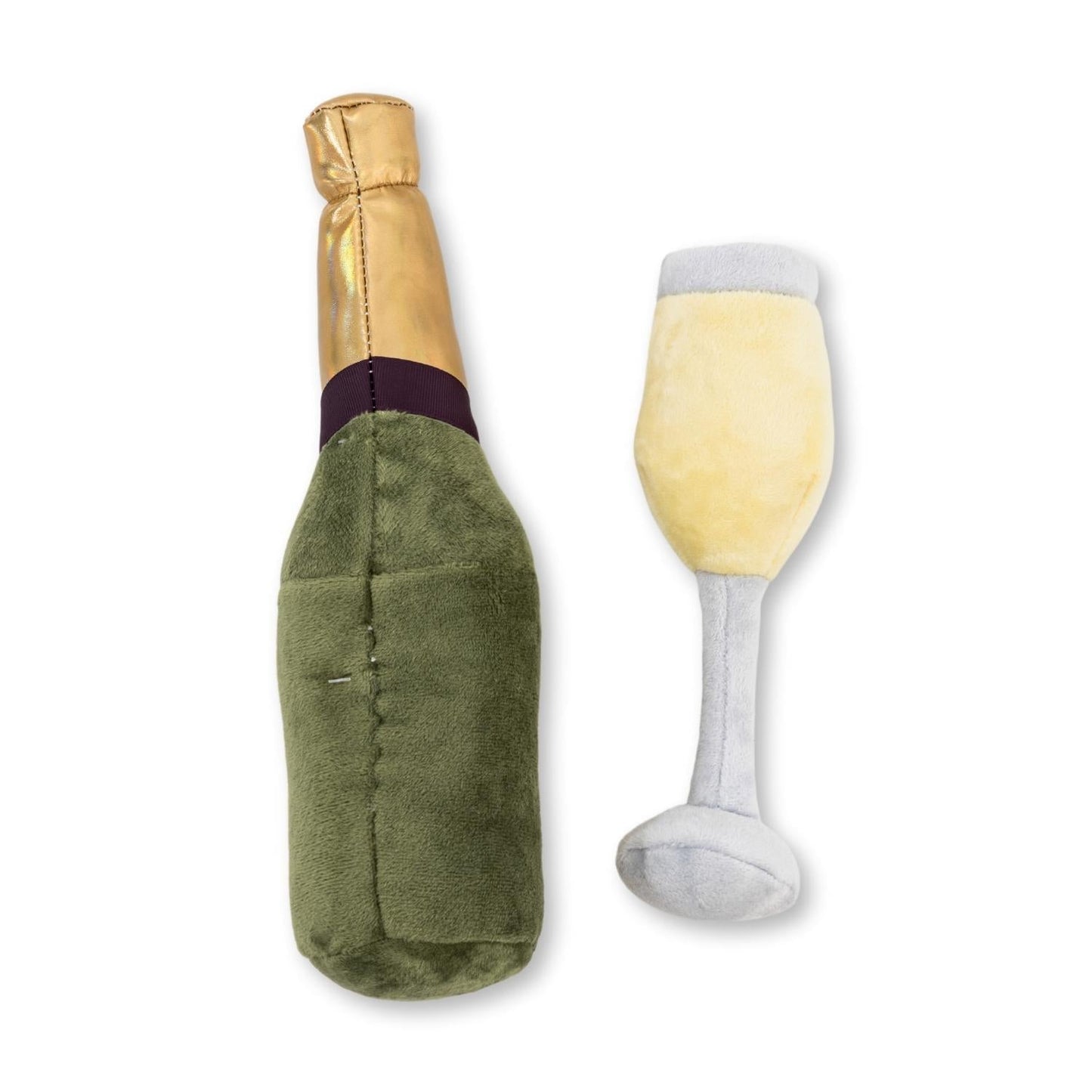 American Pet Supplies champagne dog toy set with plush champagne bottle and glass chew toys paw