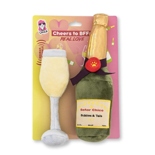 American Pet Supplies champagne dog toy set with plush champagne bottle and glass chew toys