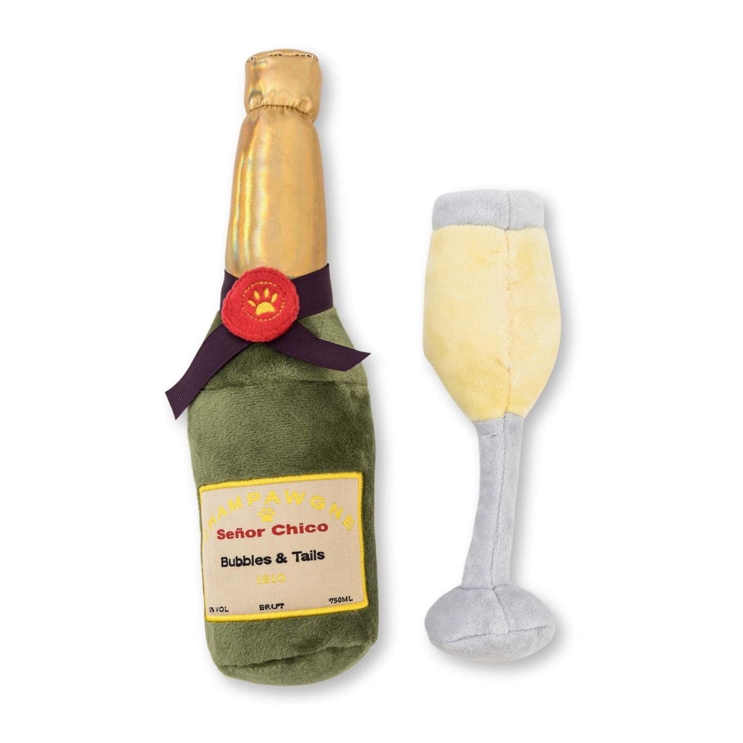 American Pet Supplies champagne dog toy set with plush champagne bottle and glass chew toys pawcounter