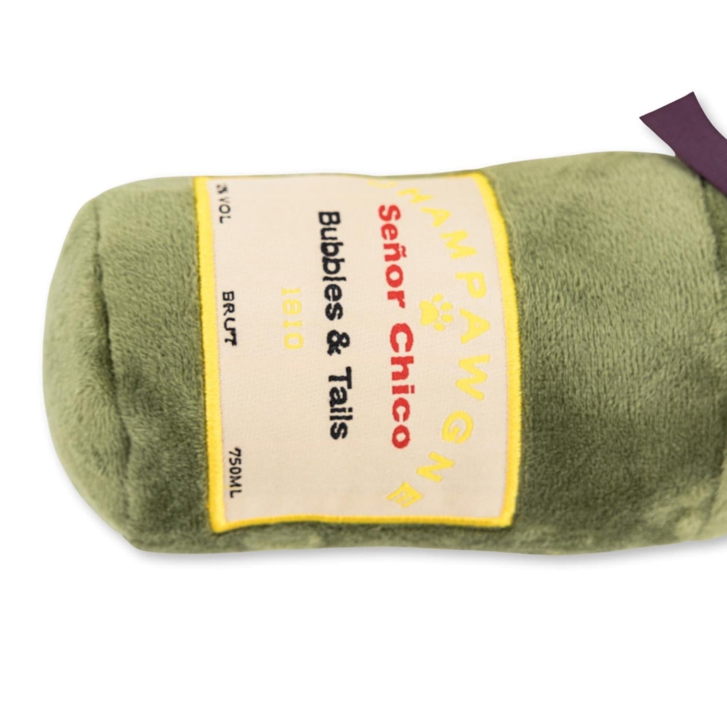 American Pet Supplies champagne dog toy set plush green bottle with Señor Chico label chew toy