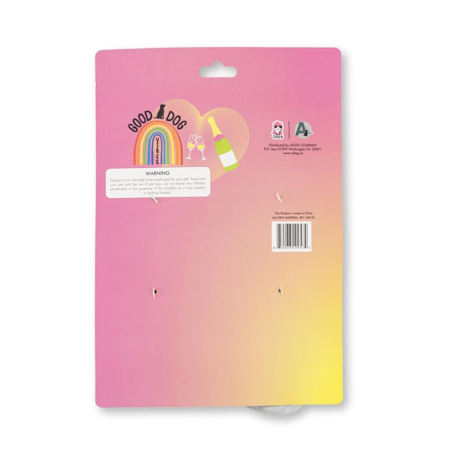 Back packaging of American Pet Supplies champagne dog toy set with rainbow and champagne bottle design