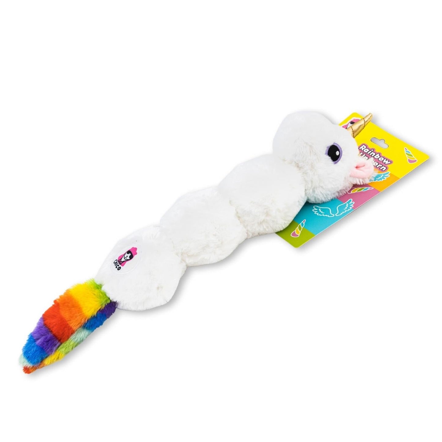 American Pet Supplies unicorn dog toy with squeaker featuring a white plush body and colorful rainbow tail