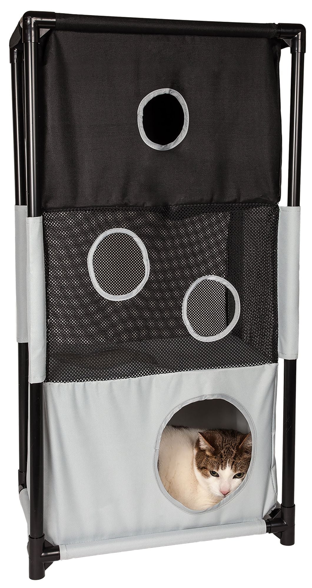 Collapsible cat house with three circular openings and a cat inside the lower compartment