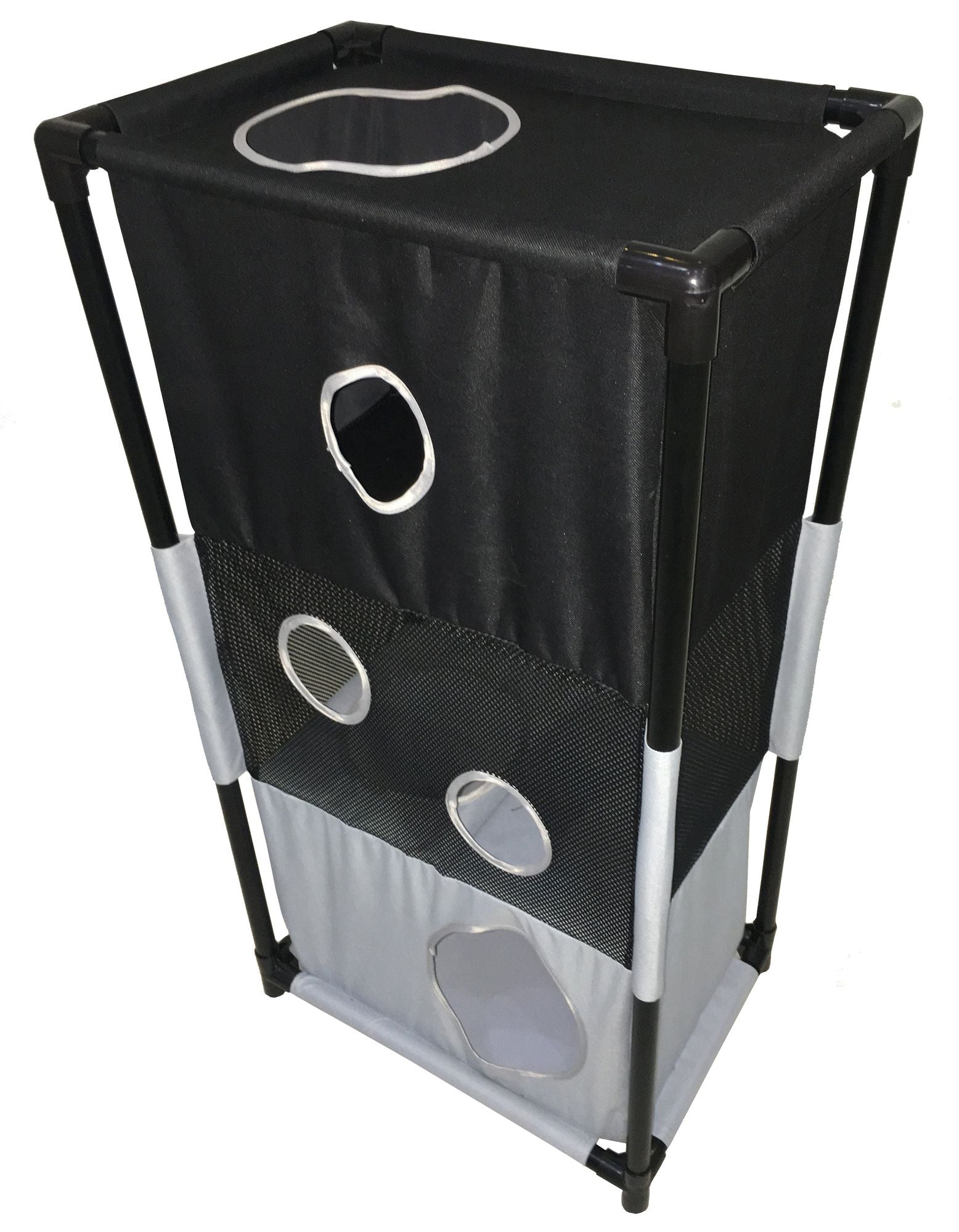 Black and gray collapsible cat house with multiple circular openings and mesh sides