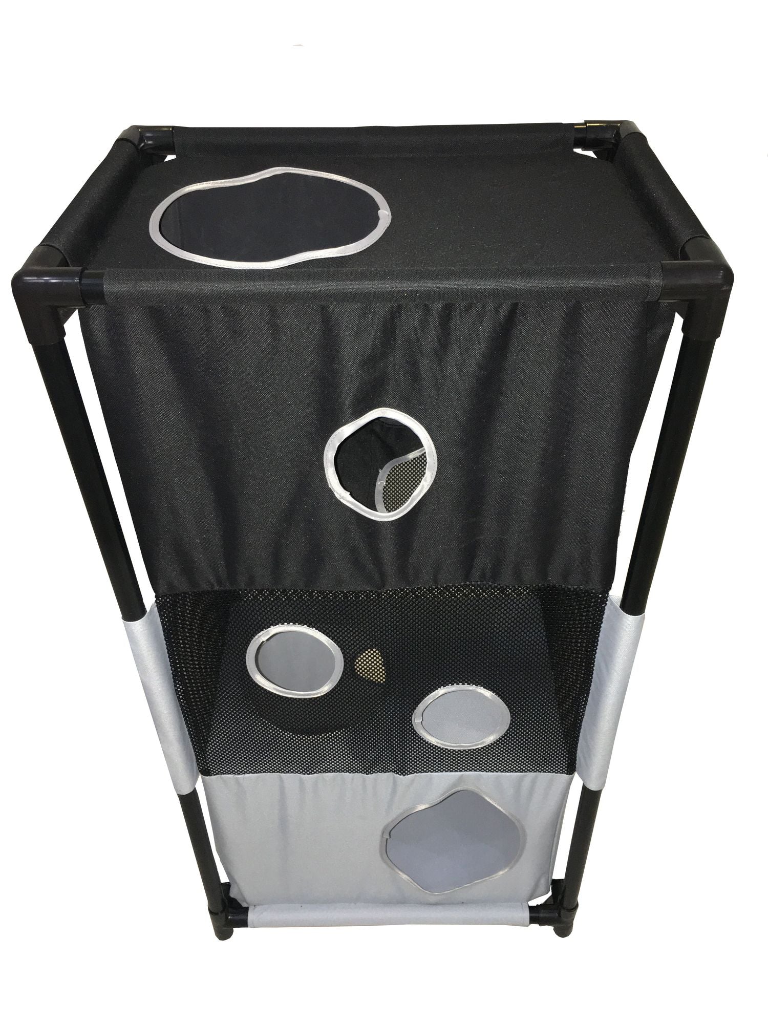 PawCounter.com collapsible cat house with multiple openings and mesh panels for ventilation