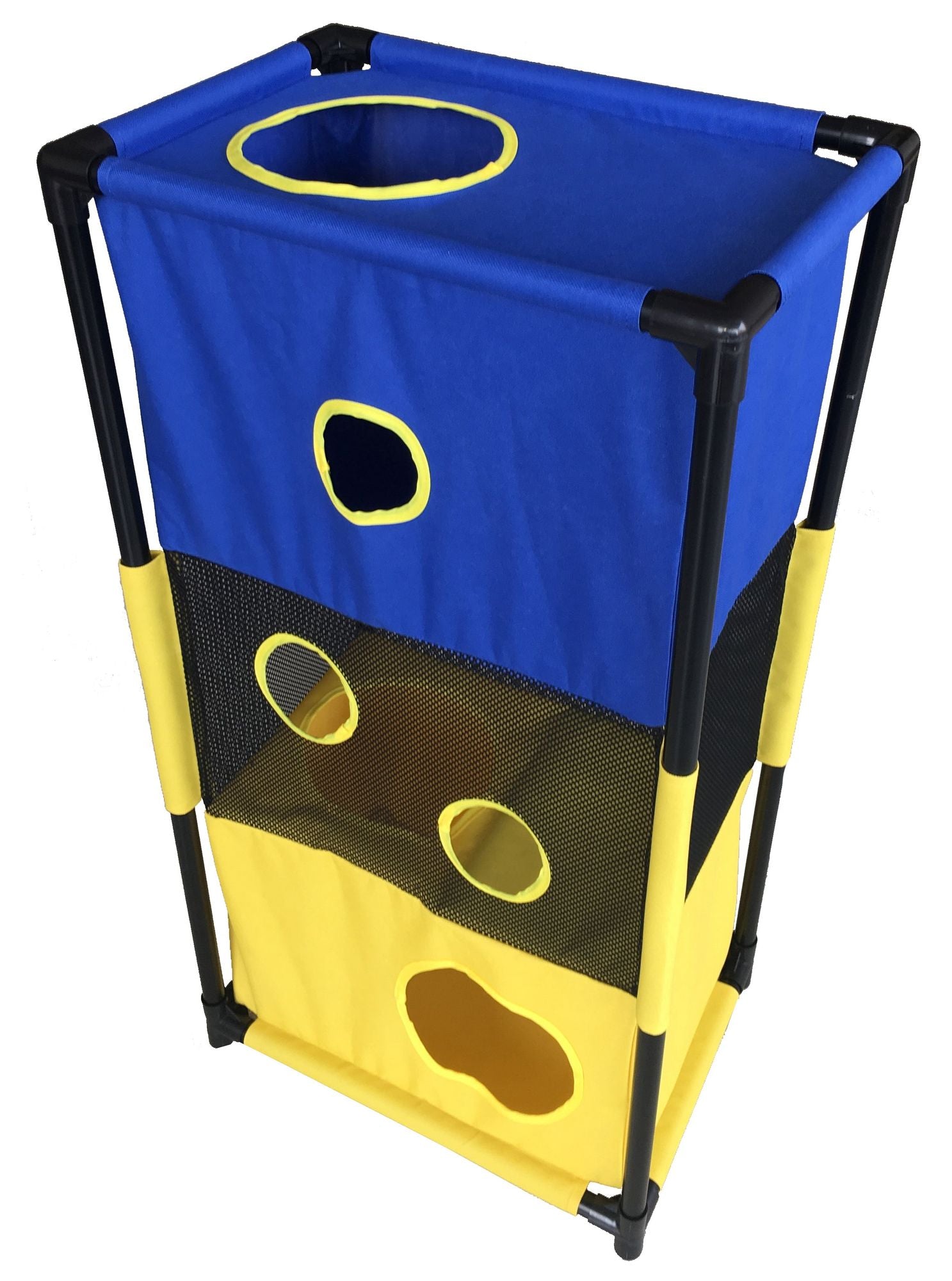 Blue and yellow collapsible cat house with multiple openings and mesh sides for ventilation
