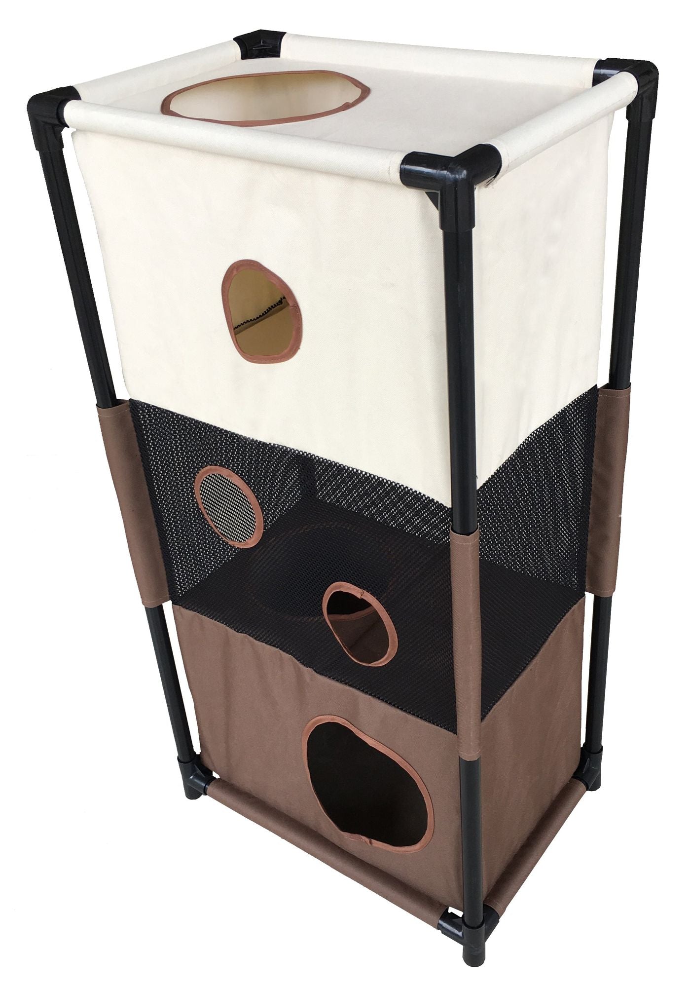 PawCounter collapsible cat house with multi-level beige and brown fabric and black frame