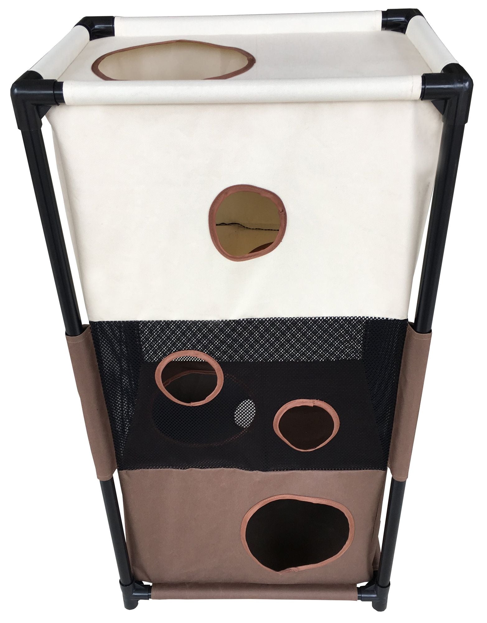 PawCounter.com collapsible cat house with multiple circular openings and mesh sides for cat play and rest