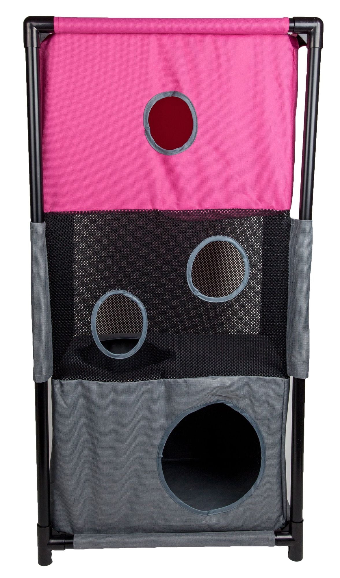 PawCounter.com collapsible cat house in pink and gray with multiple openings and mesh sides