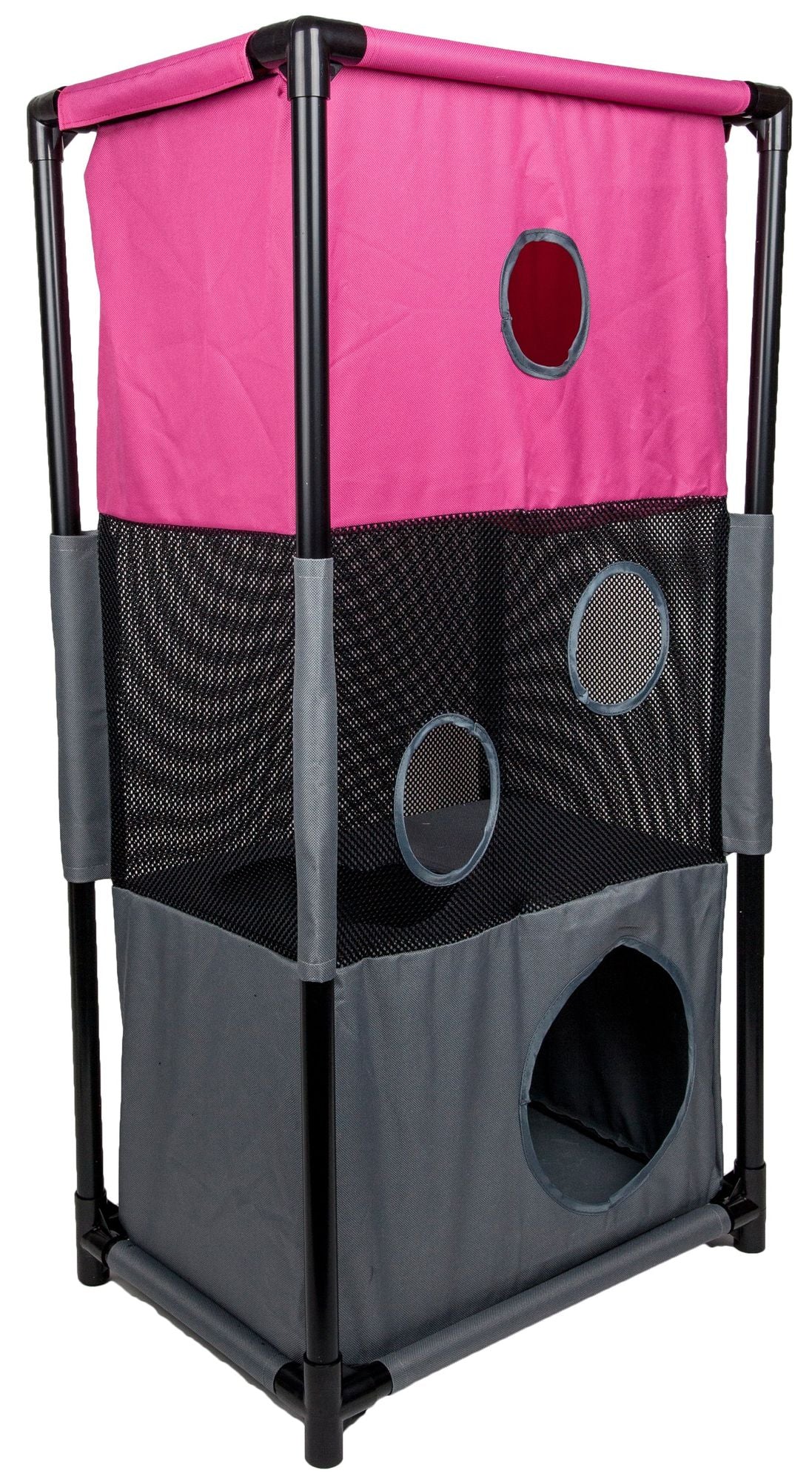 PawCounter collapsible cat house with pink fabric top and gray bottom featuring multiple circular mesh windows