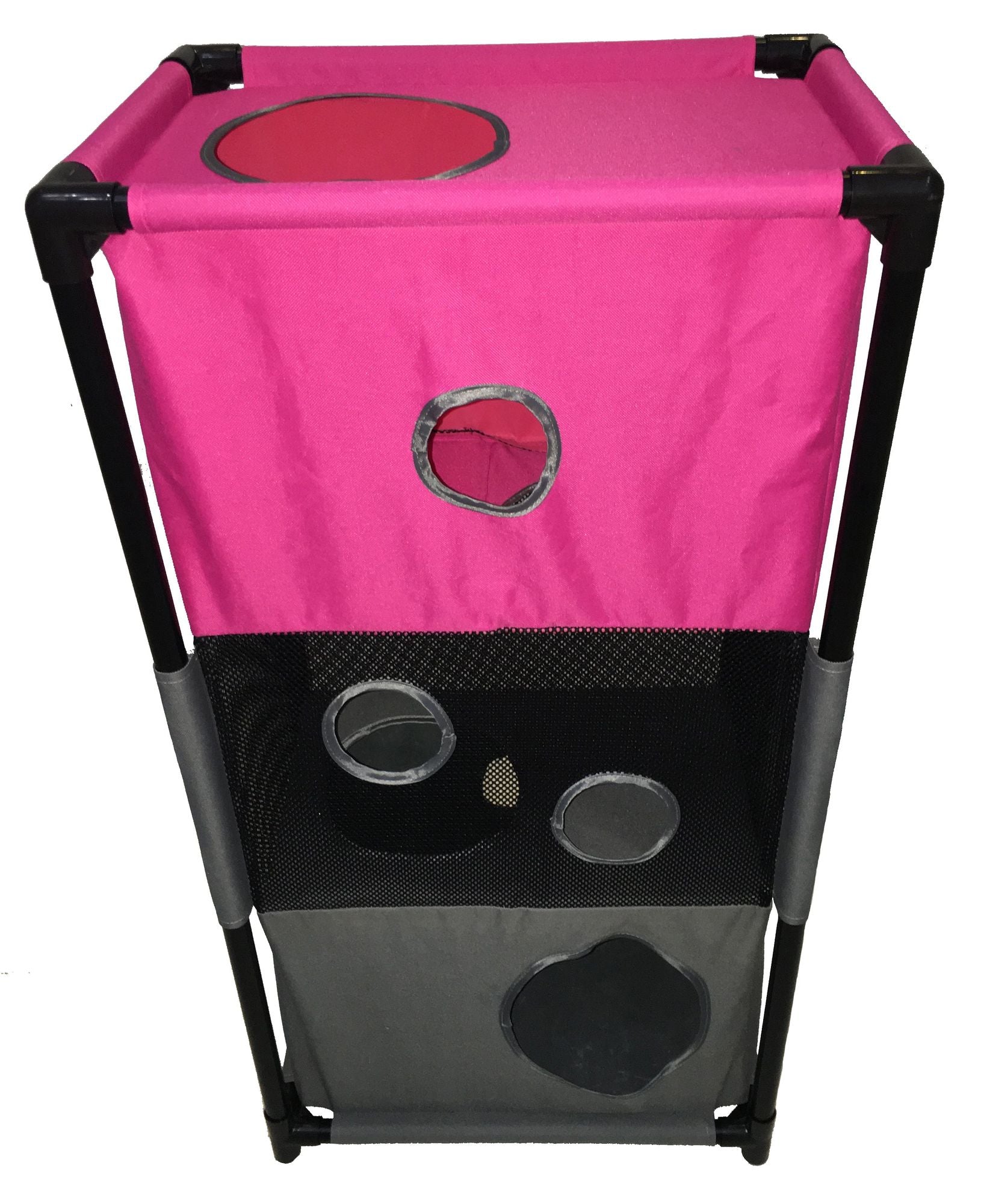 Pink and gray collapsible cat house with multiple circular openings and black frame