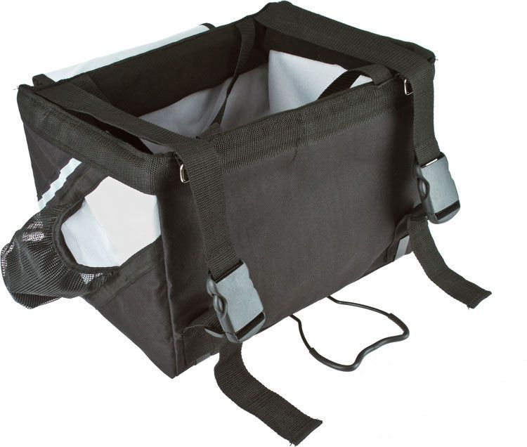 Black collapsible pet bicycle carrier with adjustable straps and mesh window for ventilation